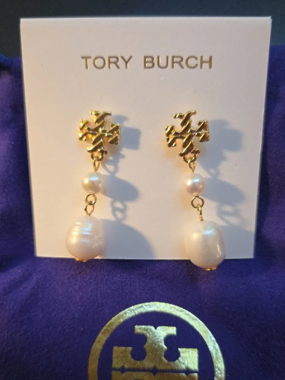 Tory Burch Gold Logo and White Pearl Drop Earrings W/ Bag